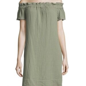 Anthropologie Amadi Nola Gauze Mini Dress Womens Sage Off Shoulder Boho Pocket